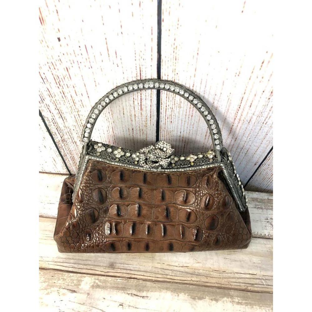 Besso Brown Croc Leather Handbag Evening Purse - Picture 3 of 12